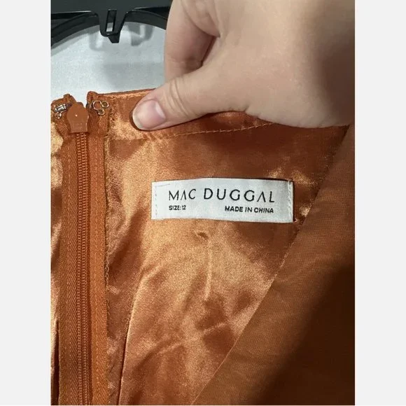 NWT Mac Duggal [ 12 ] Sheer Flutter Sleeve Tea Length Ruffle Dress‎ Rust Orange - Picture 9 of 15